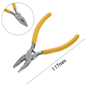Close-up of 117mm precision long nose pliers with yellow non-slip handles for DIY