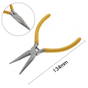 Detail view of 134mm long needle nose pliers with yellow non-slip handle and steel tip