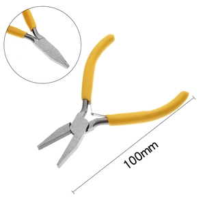 Detail of 100mm flat nose jewelry pliers with yellow anti-slip handles for DIY crafts