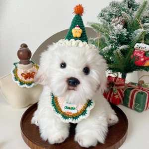 Dettaglio di un cane di peluche bianco con cappello di Natale all'uncinetto verde e sciarpa