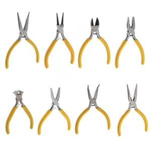 8-piece jewelry tool set with carbon steel mini pliers and yellow non-slip handles