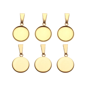 Set of 6 gold stainless steel round bezel pendant trays with pinch bails for DIY jewelry
