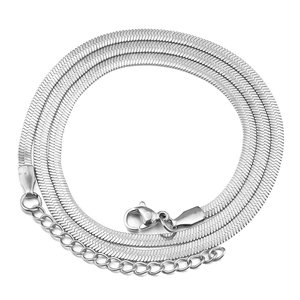 Flat silver stainless steel snake chain showing the lobster clasp and extension rings