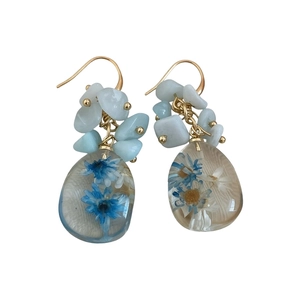 Elegant handmade resin drop earrings featuring blue dried flowers and light blue stone chips