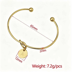 Golden knot cuff bracelet with letter A pendant and 65mm inner diameter