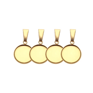 Four golden stainless steel round pendant trays with bail connectors for DIY jewelry making