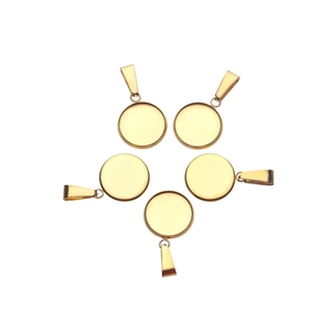 Five-piece set of golden round stainless steel pendant trays with bails for DIY jewelry