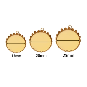 Golden crown edge bezel pendant settings in sizes 15mm, 20mm, and 25mm for DIY jewelry