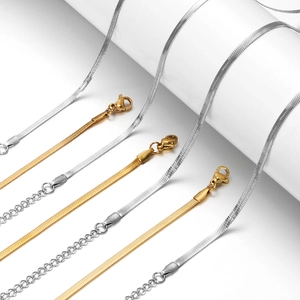 Flat stainless steel snake chain necklace in gold and silver with lobster clasp