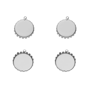 Detail of silver crown edge pendant trays with circular settings for DIY jewelry making