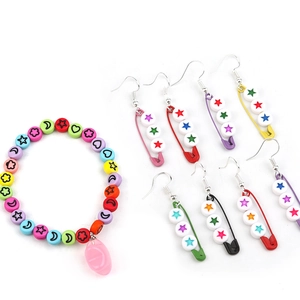 Colorful acrylic flat round beads bracelet and safety pin earrings with star heart patterns