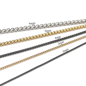 Detail showing box chain sizes from 2mm to 6mm in gold, silver and black steel