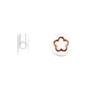 Flat round white acrylic flower beads with gold floral pattern and side holes for DIY crafts