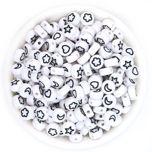 Flat round white acrylic beads with black heart star and flower patterns for DIY jewelry