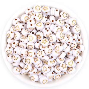 White acrylic round flat beads with gold star heart moon patterns for DIY jewelry making
