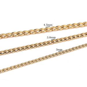Polished gold plated stainless steel Cuban link chains in 3mm, 3.8mm, and 4.5mm widths