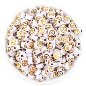 Flat round white acrylic beads with golden peace sign for DIY jewelry making