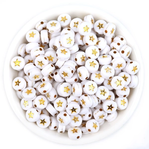 Flat round white acrylic beads with gold stars for DIY jewelry making accessories