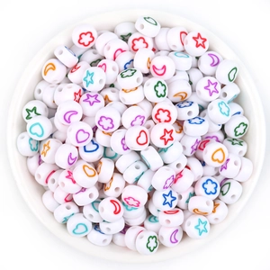 7x4mm white acrylic flat round beads with colorful star and heart patterns for DIY crafts