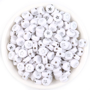 Flat round acrylic beads with silver star pattern and double side-hole for DIY crafts
