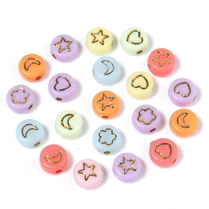 Acrylic Flat Round Beads Star Heart Moon Flower Smile Face Gold Silver Pattern DIY Jewelry Making Spacer Beads