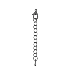 Detailed close-up of dark grey lobster clasp with adjustable extension chain and water drop charm