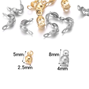 DIY stainless steel clamshell bead tips in gold and silver colors with size measurements