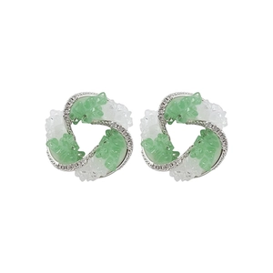 Geometric silver stud earrings with green glass and cubic zirconia accents for women
