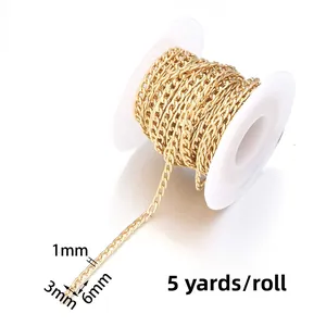 Macro detail of golden aluminum curb chain on roll with precise size measurements