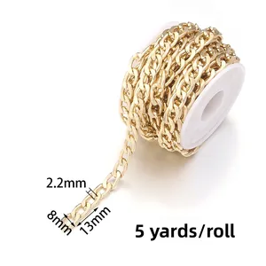 Detail of 5-yard gold aluminum curb chain on a roll, measuring 13mm by 8mm by 2.2mm