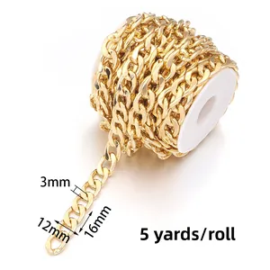 Macro detail of 16x12mm golden curb chain links on a 5-yard roll for DIY bag crafts