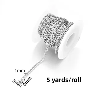 Silver flat curb aluminum chain 1x3x6mm for DIY bags and clothing, 5 yards per roll