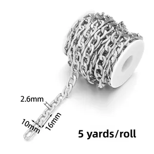 Silver aluminum curb chain detail showing 16x10mm links on white plastic spool