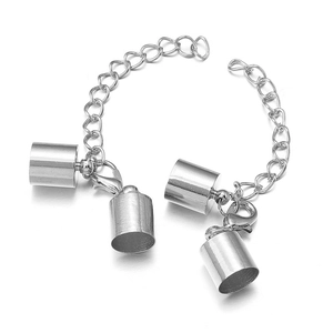 Detailed view of silver lobster clasp with extension chain and cylinder cord end caps