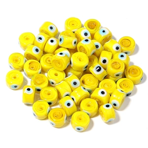 Flat round yellow Evil Eye glass beads with polished finish for DIY jewelry making