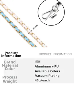 Detail of light blue and white PU leather aluminum chain strap with gold metal links