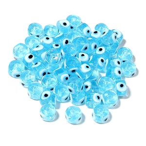 Flat round light blue evil eye glass beads for DIY jewelry making and handmade crafts