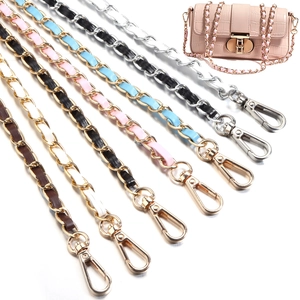 Detail showing multi-color PU leather and metal chain straps with lobster clasps
