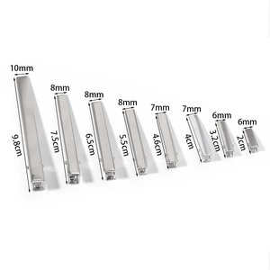 Size comparison chart showing eight silver metal alligator clips in various lengths