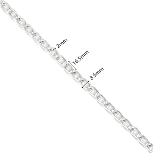 Detailed macro view of silver aluminum chain links with 2mm white pearl inlays
