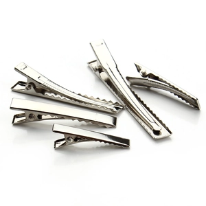 Five assorted sizes of polished silver metal alligator hair clips for professional styling