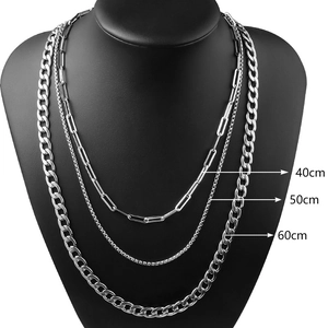 Three-layered stainless steel necklace set with paperclip, box, and Cuban links