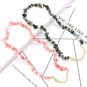 Handmade irregular pink agate and green crystal chip bead necklaces with gold lobster clasps