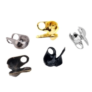 Assorted metal clamshell bead tips with loops in five metallic finishes for DIY jewelry making