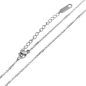 Stainless steel cross chain necklace with lobster clasp and oval tag on white background