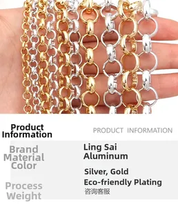 Macro detail of various sizes of gold and silver aluminum O-chains for bags and DIY crafts