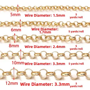 Golden aluminum rolo chains in 5 sizes for DIY bags and jewelry making accessories