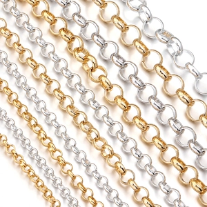 Close-up of gold and silver aluminum rolo chains with polished metallic finish