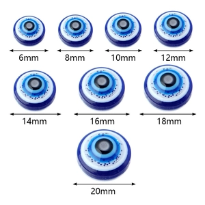 Flat round resin evil eye beads in blue available in sizes from 6mm to 20mm for DIY