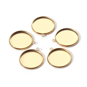 Set of five polished gold round cabochon pendant bases with rings for DIY jewelry making